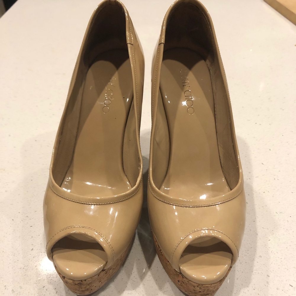 Jimmy choo nude patent leather wedges